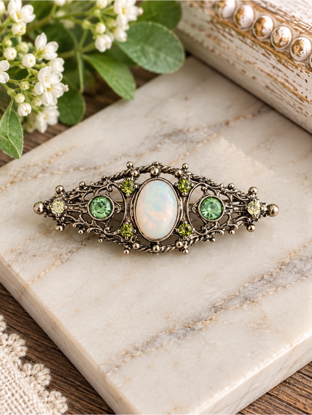 Vintage Ornate Faux Opal & Green Rhinestone Brooch Statement Bar Pin